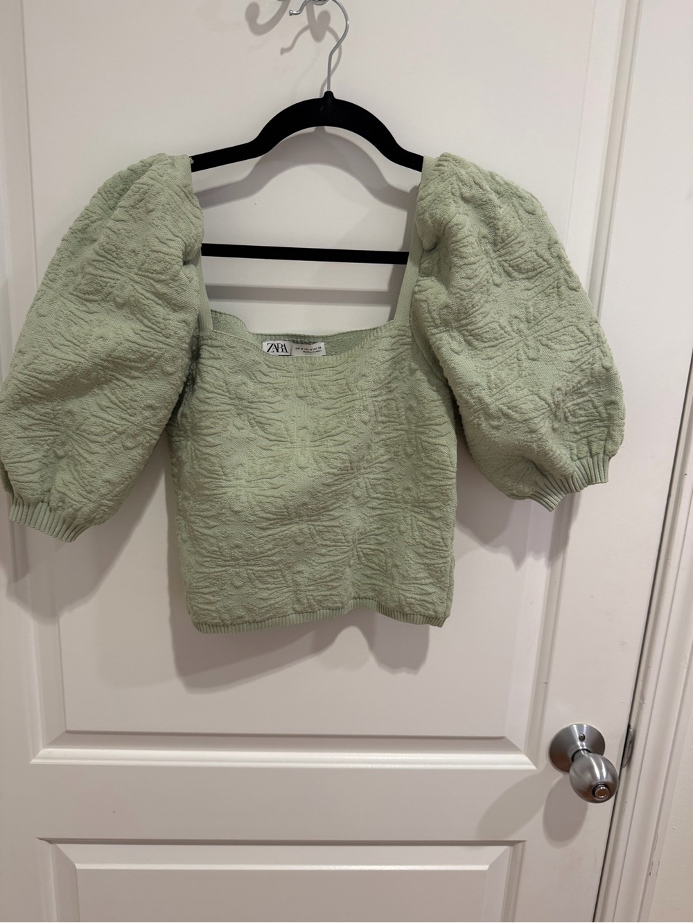Zara Light Sage Puff-Sleeve Textured Knit Top